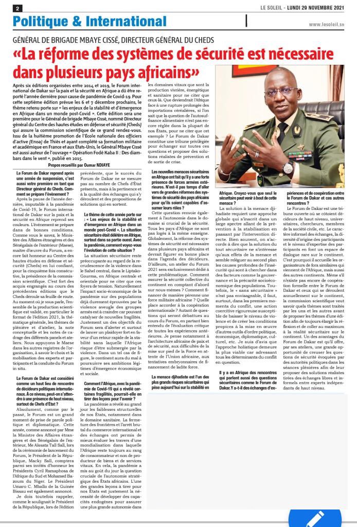 omzondiaye's tweet photo. Un grand plaisir en tant qu’ancien auditeur du @CHEDS_  d’avoir fait cette interview avec le Général de brigade Mbaye Cissé, en prélude de la septième édition du @DakarForum international  sur la #Paix  et la #Securité en #Afrique.
#FDD2021 #CHEDS https://t.co/KM5yNaaZT0