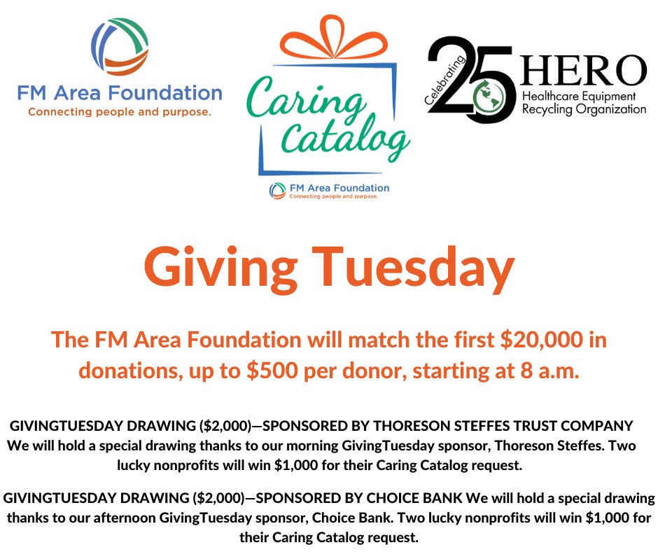 HEROFargo's tweet image. Please consider supporting HERO on Giving Tuesday. #FMAreaCaringCatalog Starting at 8am, the FM Area Foundation will match $20,000 in donations, up to $500 per donor.