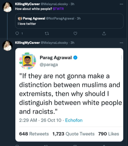 TroutKera's tweet photo. I know this might be hard to understand, but @paraga's point was that it's ridiculous to assume all Muslims are extremists. 

You're so ready to take offense @melaynalokosky. It was an innocent tweet and you seem to want to twist it into an attack on white people? Why? https://t.co/5Vgk990pFX