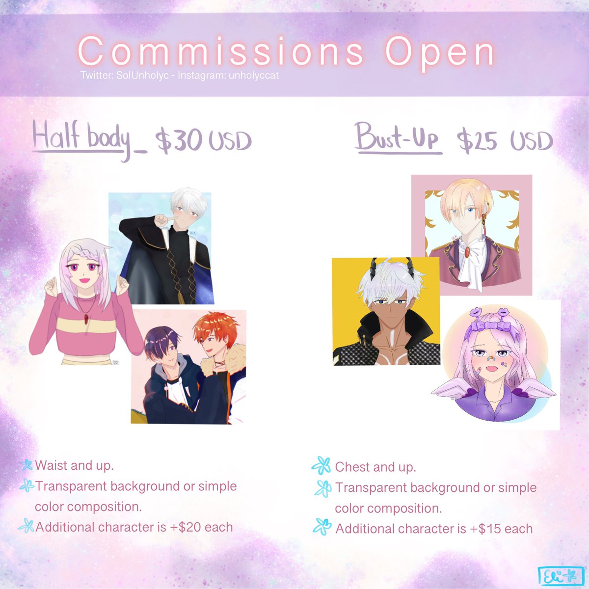 SolUnholyc's tweet photo. Hii, I’m opening commissions✨if you’re interested please contact me via DM or through Instagram (unholyccat). In the latter you can find my works. Thank you🌸 RTs are appreciated!💜✨ https://t.co/rF1fm0b6dn