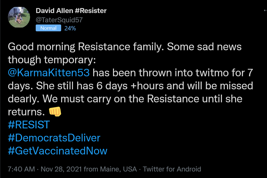 KlatuBaradaNiko's tweet photo. It appears that #FakeResister KarmaKitten53 has 6 more days to go in #TwitterJail

Well deserved I must say, for this #stalker #harasser of fellow #resisters https://t.co/UQjod0T95U