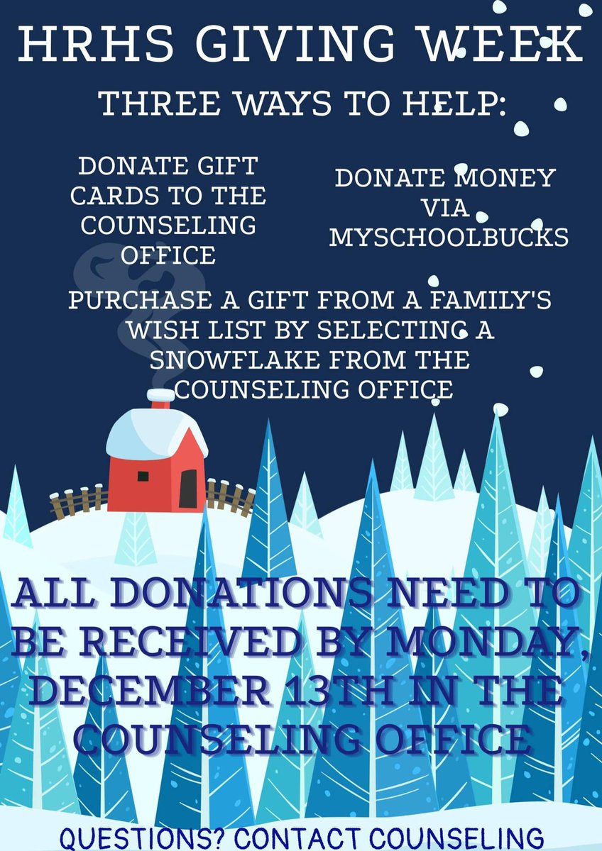 The HRHS Counseling office is once again collecting donations to help Falcon families in need this holiday season. Here’s the link to donate on MySchoolBucks, or you can drop off gift cards or purchase items from a family’s wishlist. myschoolbucks.com/ver2/prdembd?r…