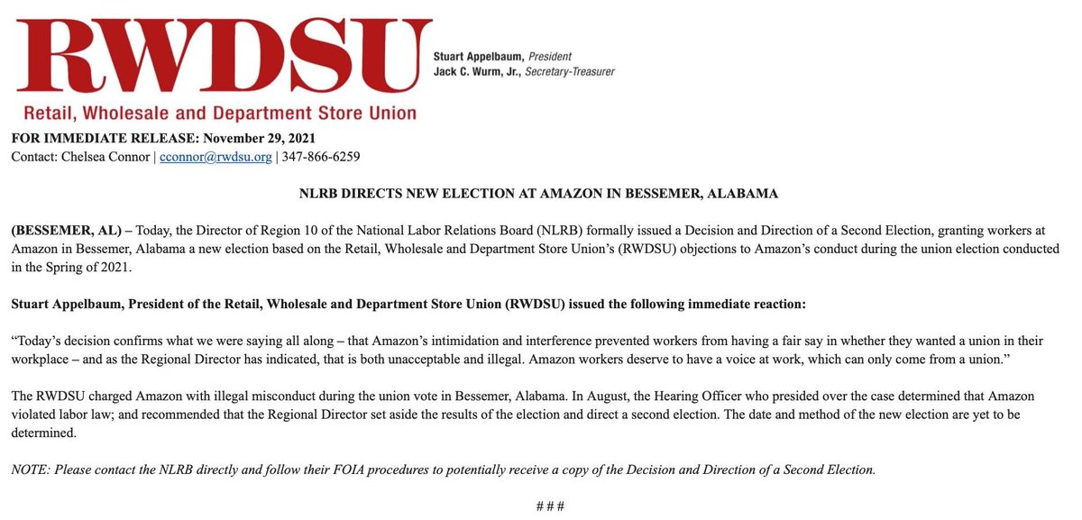 BREAKING: The National Labor Relations Board has officially granted a re-run of the Amazon union election in Bessemer, Alabama. As we reported at the time, Amazon illegally interfered in the March election. The date and method of the new election are yet to be determined.