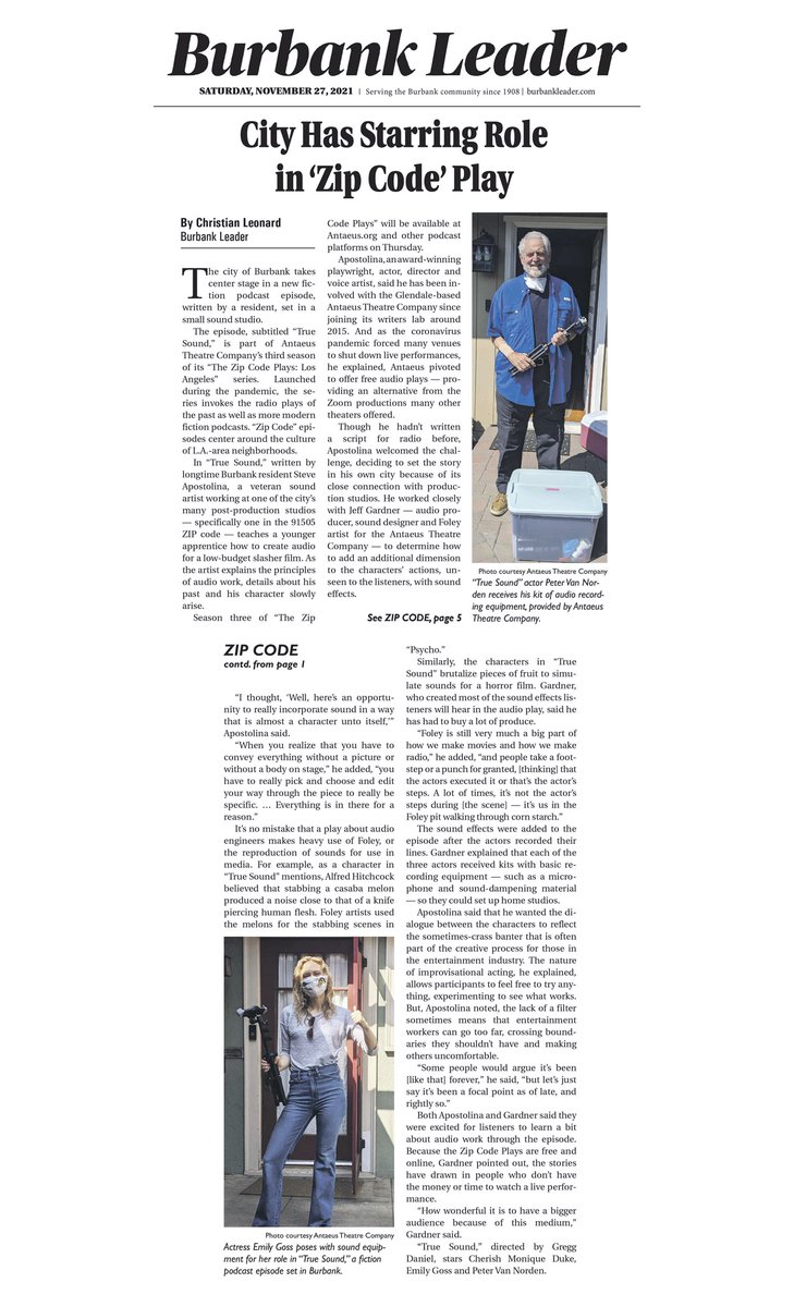 AntaeusTheatre's tweet photo. Check out the article by @BurbankLeader that discusses "91505: Burbank - True Sound," one of the audio plays being released THIS THURSDAY as part of #TheZipCodePlays Season Three! https://t.co/gqf4sjXvFo