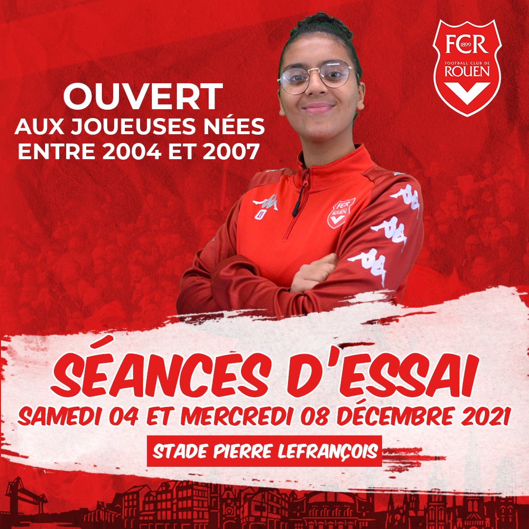 🚨 La section féminine du <a href="/FCRouen/">FC Rouen, en route pour la Ligue des Champions !</a> organise des séances d'essai pour les joueuses nées entre 2004 et 2007, le samedi 4️⃣ décembre 2021 de 10h30 à 12h00 et le mercredi 8️⃣ décembre 2021 de 13h30 à 15h00 ! 🔴⚪

👉 bit.ly/3D68qw8

#TeamFCR #Rouen #Normandie