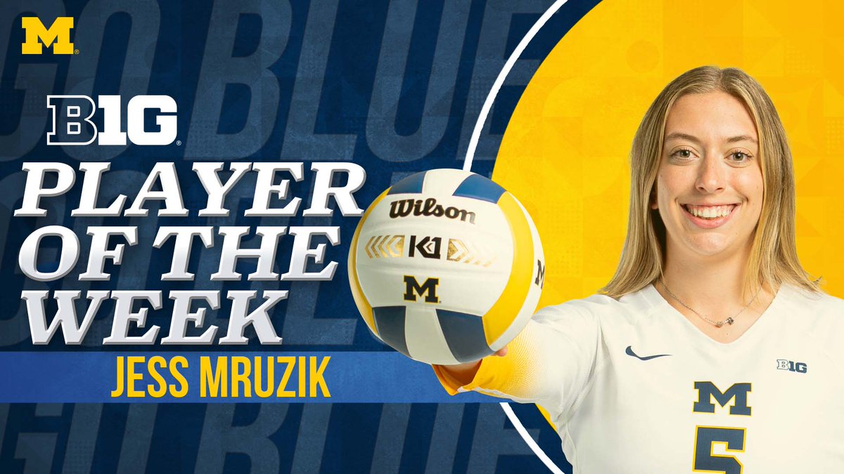 umichvball's tweet photo. That's what we're talking about @voll_jess!!

Jess Mruzik named Big Ten Player of the Week!
▪️ Averaged 4.38 kills per set and hit .368 in Michigan's 2-0 week
▪️ 20 kills and 15 digs while hitting .378 against No. 23 Illinois

📰 https://t.co/lkMsgCTgpH

#GoBlue https://t.co/W32141FIkX
