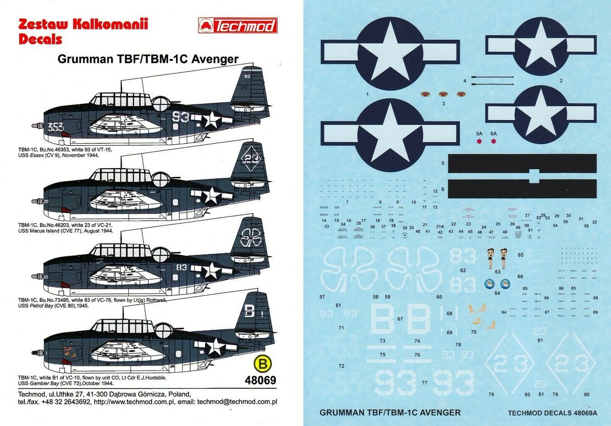 Decal_Dungeon's tweet image. Keeping on the theme of #WWII #USN Carrier borne aircraft, a 1/48 #Techmod #decalsheet for TBM Avengers including Huxtables VC-10 TBM-1C with superb nose art, see images below. ebay.co.uk/itm/2654254618…