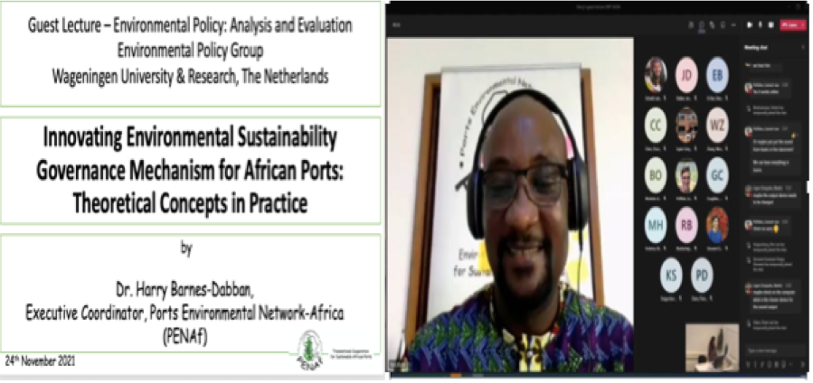 PENAfOrg's tweet photo. Active participation and response to guest lecture for Environmental Policy Analysis course @ENP @WUR underscored the need to stimulate and encourage students to get interested in a research agenda for improving environmental and social sustainability in African ports! https://t.co/RUnZ4PlwMj