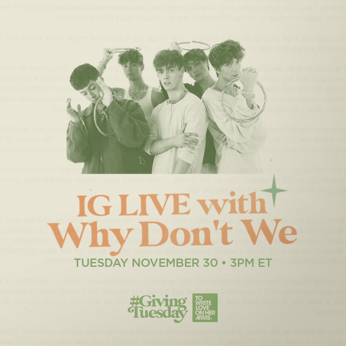 whydontwemusic's tweet image. so excited to be teaming up with @TWLOHA for giving tuesday! a few of us will be hopping on ig live tomorrow at 1pm pst and discussing why its so important to talk about mental health 🤍 twloha.com/givingtuesday