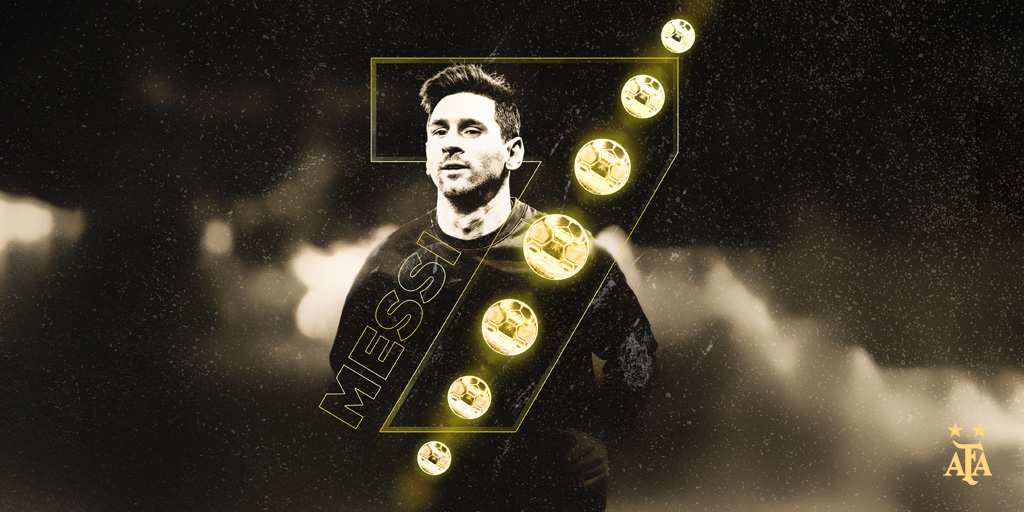 Argentina's tweet photo. #ballondor Lionel Messi 🇦🇷 ganó su séptimo Balón de Oro y estira su ventaja como el máximo ganador de la historia 🏆🥇 ¡Felicitaciones Leo, nuestro capitán! ♥ https://t.co/xVZFLDWOV1