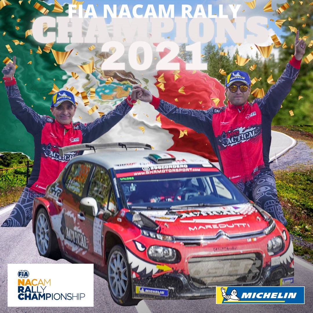 NACAMRALLY's tweet photo. @399cordero 🇲🇽 &amp;  Marco H 🇲🇽the 2021 season Champions of the @NACAMRALLY . On a @CitroenRacing  with @Michelin_Sport tires.  Congratulations on your first title.

See you on Paris , on the FIA PRIZE GIVING GALA ! 🍾

#performancemadetolast #fia #nacam #fianacam #champions #rallye https://t.co/3F0qgC2gsh