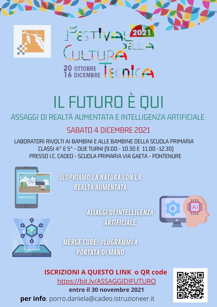 #iccadeoponte partecipa al Festival #culturatecnica21 sabato 4 dicembre “Il futuro è qui: assaggi di #AR e #AI” #laboratori innovativi per bambini e bambine <a href="/culturatec_fest/">Festival della Cultura tecnica</a> affrettatevi! iscrizioni qui istitutocomprensivocadeo.edu.it/progetti/proge…