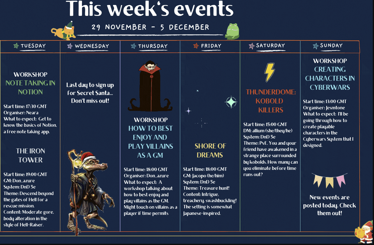 OneShotFridays's tweet photo. This week there are so many amazing things to do...
#oneshotfridays #roleplayinggames #d&amp;d #cyberwars #oneshot #workshops https://t.co/Amyfrgg1db