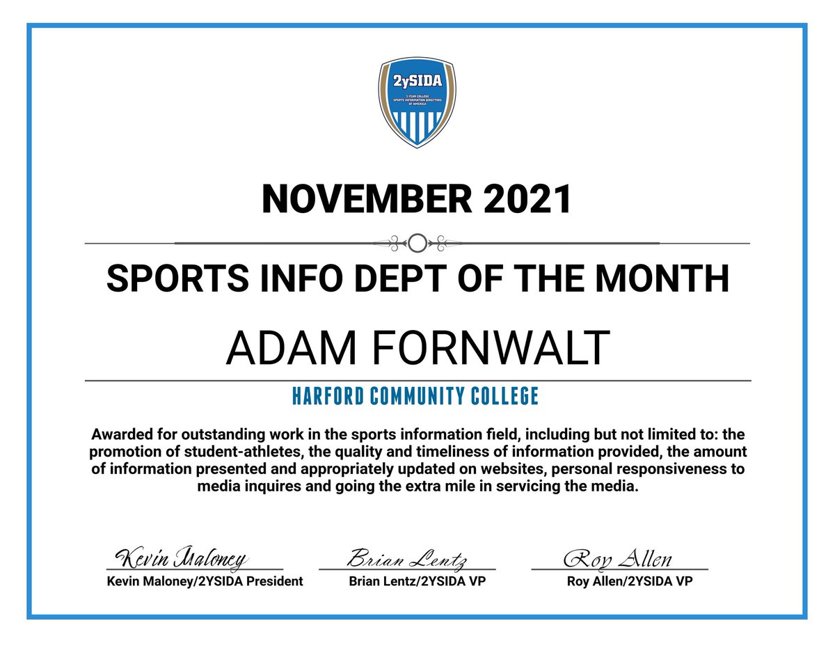 2YSIDA (@2ysida) on Twitter photo Congratulations to Adam Fornwalt of Harford, our November 2021 Sports Information Department of the Month! Fornwalt is the primary media contact and handles all game operations duties for 13 Harford athletics teams. Keep up the great work, Adam! Congratulations to Adam Fornwalt of Harford, our November 2021 Sports Information Department of the Month! Fornwalt is the primary media contact and handles all game operations duties for 13 Harford athletics teams. Keep up the great work, Adam!