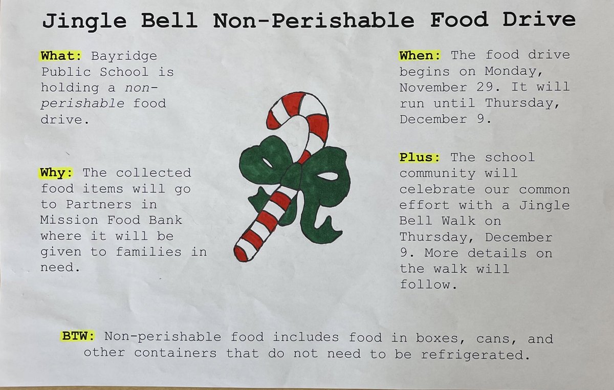 MrsMoscrop_LDSB's tweet image. Hey SK/1s @BayridgePS_LDSB! Please consider bringing in a #nonperishable food item for @FoodBankKtown and support a great cause! #JingleBellWalk #BeABear