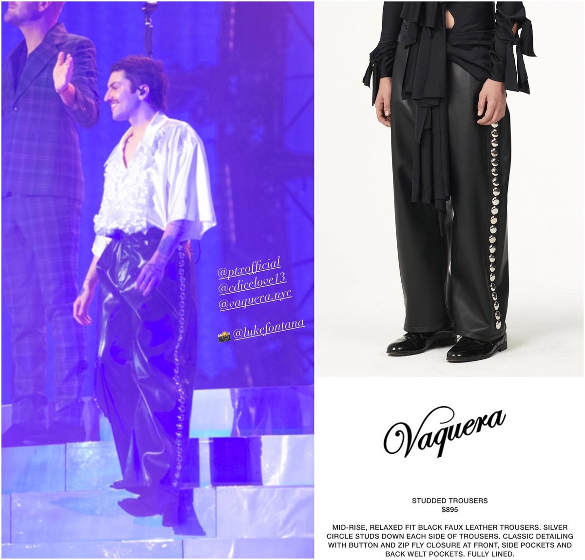 GrassiFashion's tweet photo. @mitchgrassi wore a studded pair of pants from Vaquera last night on the #ptxevergreentour #ptxevergreentourpit 
Styled by @cdicelove13 
📸 by @LukeFontana https://t.co/YdvUM3fKFt