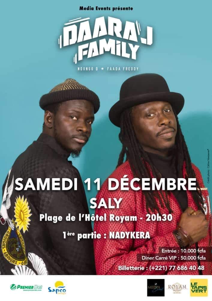 #Senegal Le Daara J Family est en soirée 100 % live à Saly à l'hôtel Royam le 11 Décembre à partir de 20h30.
Niou tassé fofou 😊😊😊
<a href="/NdongoD/">Indiscipliné</a> <a href="/FaadaFreddy/">Faada Freddy</a> <a href="/daarajfamily/">Daaraj Family</a>
