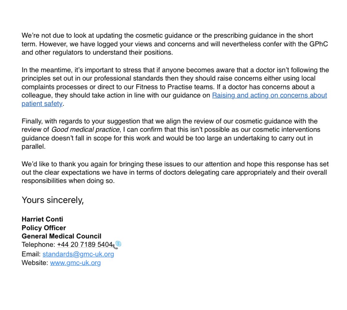 .<a href="/drcolinm/">Prof Colin R Melville</a> <a href="/gmcuk/">GMC</a> How is it acceptable to outright dismiss the patient safety concerns of 250+ aesthetic medics without thought and show failure to understand the scope of the problem? You say your guidance is working when <a href="/thetimes/">The Times and The Sunday Times</a> showed it demonstrably doesn’t!