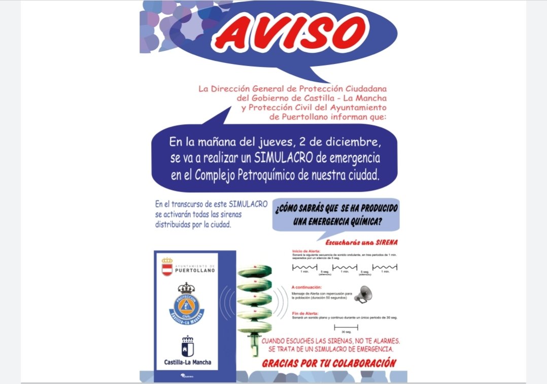 PuertoLocal092's tweet photo. 📢Información de interés!!
En la mañana del jueves 2 de diciembre se va a realizar un simulacro de emergencia en el Complejo Petroquímico de nuestra ciudad.
En el transcurso del #simulacro se activarán todas las sirenas distribuidas por la ciudad.
Si pueden RT
#PEEP https://t.co/nuMMEoqFtm