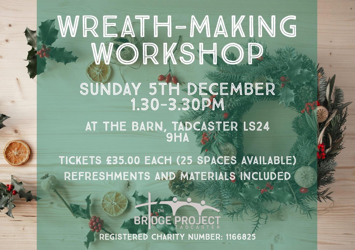 bridgeprojecTAD's tweet photo. Wreath-Making this Sunday 5th December 1.30-3.30pm

Book your Tickets here: https://t.co/eDfXxLGw8e https://t.co/2JcM1xKBWy