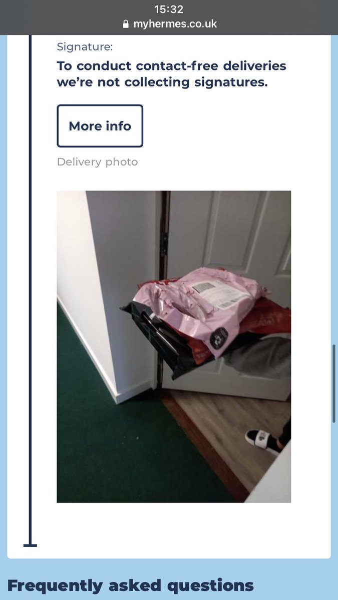 ImoWilkinson_'s tweet photo. Absolutely fabulous when @Hermesparcels let’s you know your @Missguided order is ‘delivered’ yet you click on the photo of said delivery and see it isn’t the address you ordered to and the person receiving it isn’t you either 🥲 https://t.co/E4VKbf9zAH