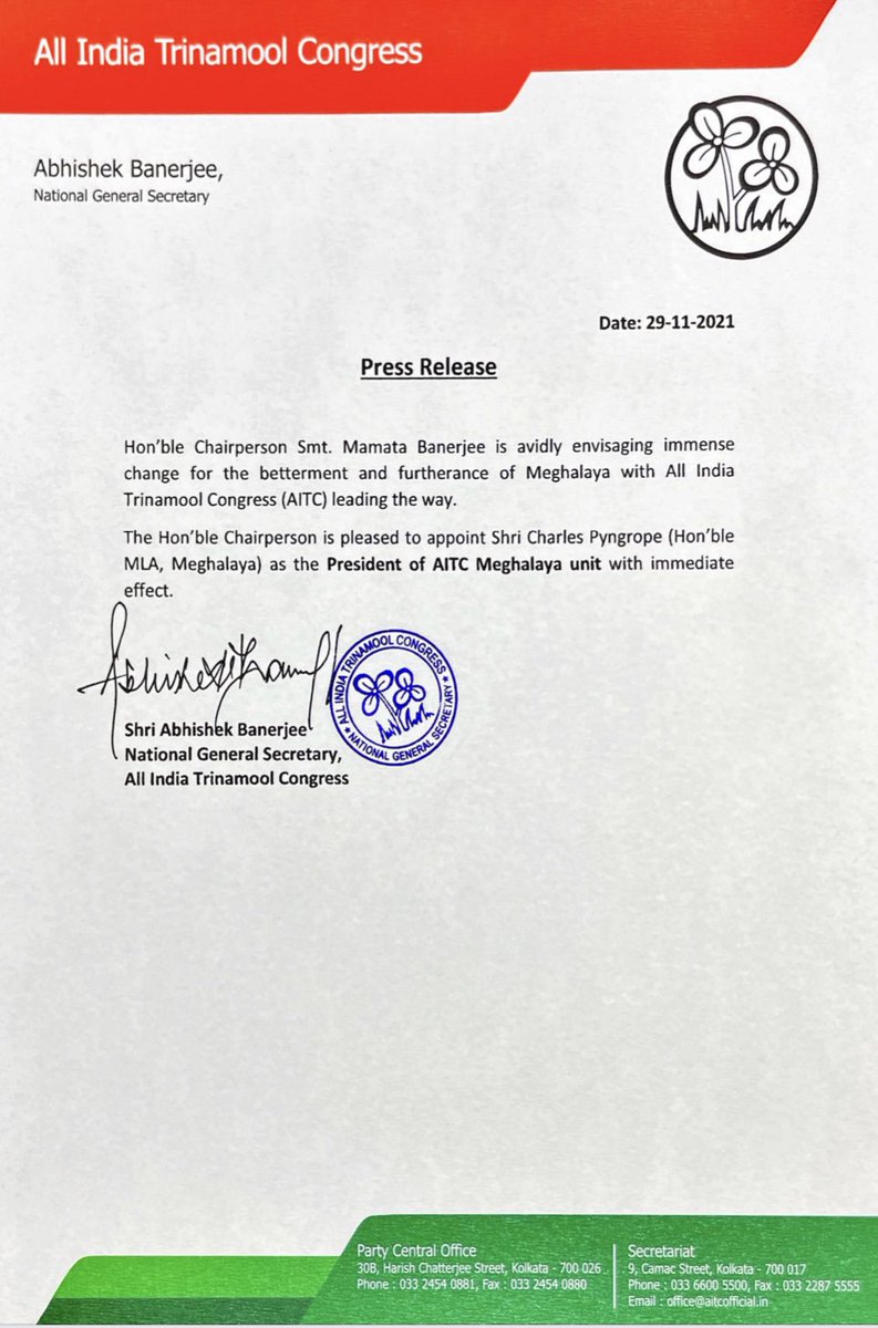 AITCofficial's tweet photo. Our Hon’ble Chairperson Smt. @MamataOfficial is pleased to appoint Shri Charles Pyngrope as the President of the @AITC4Meghalaya unit with immediate effect. https://t.co/SvUF1DyIyj