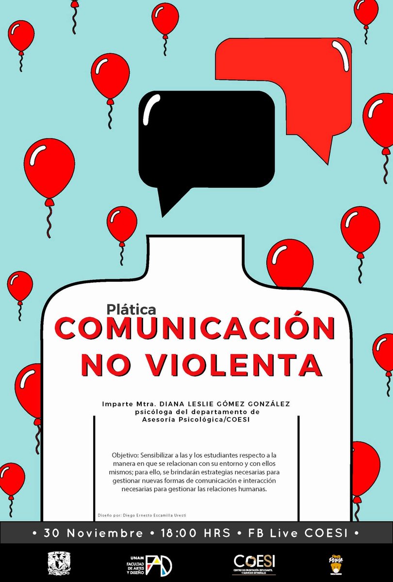 UNAMFAD's tweet photo. Acompáñanos en "Comunicación no violenta" y obtén herramientas para mejorar tu interacción con todo tu entorno.
30 de noviembre, 18:00 horas #CDMX, transmisión en vivo por las redes de #COESI FAD:
https://t.co/GQCl8pVrRE
#FAD #UNAM https://t.co/b4lUFn0L84