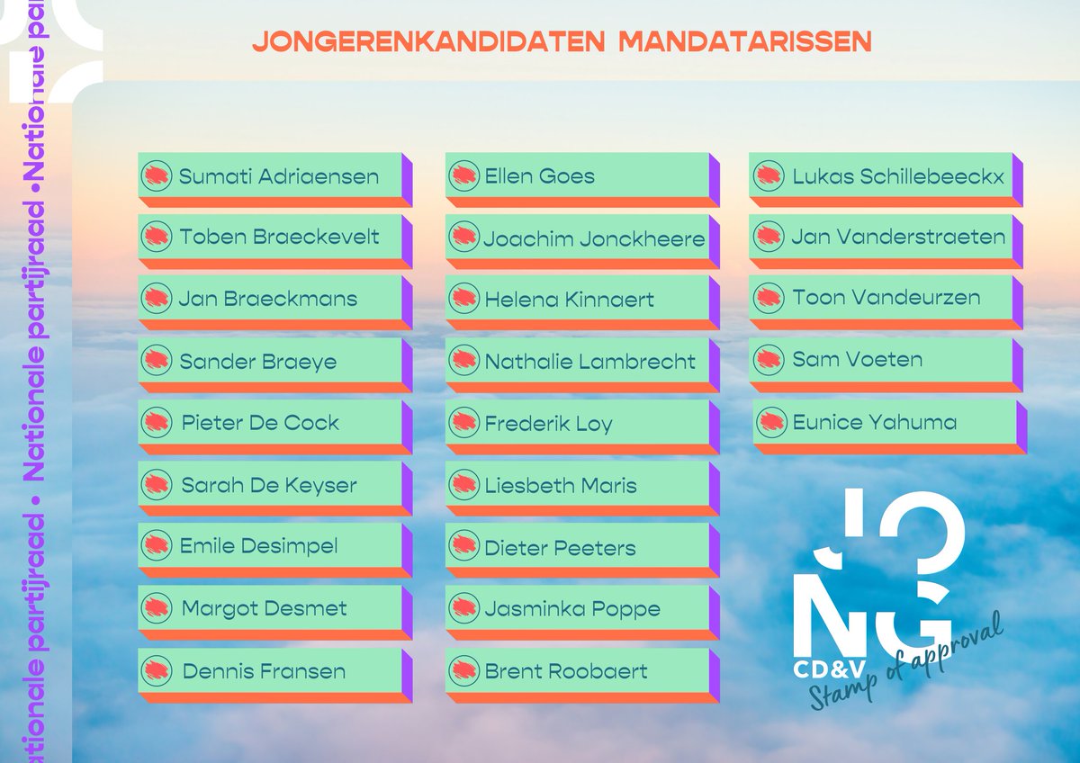 JONGCDENV's tweet image. 🗳 Verkiezing Nationale Partijraad 🗳

Wij vragen jouw steun voor onze 23 jongerenkandidaten in de categorie 'mandataris'. Stuk voor stuk toppers met goesting om de koers van de partij mee vorm te geven. 💪

#stemjong