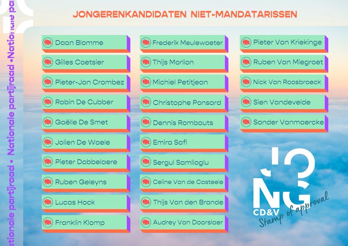 JONGCDENV's tweet image. 🗳 Verkiezing Nationale Partijraad 🗳

Wij vragen jouw steun voor onze 25 jongerenkandidaten in de categorie 'niet-mandataris'. Stuk voor stuk toppers met goesting om de koers van de partij mee vorm te geven. 💪

#stemjong
