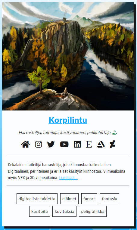 taidekuja's tweet photo. Esittelyssä: Korpilintu @sohvasusi 
Harrastelija; taiteilija, käsityöläinen, pelikehittäjä

Monipuolinen taiteilija / harrastelija nörtti, joka on erityisesti kiinnostunut maisema, fantasia, creature-desing ja eläin aiheista.

https://t.co/gknu2tcWj6 https://t.co/quD54Res7k
