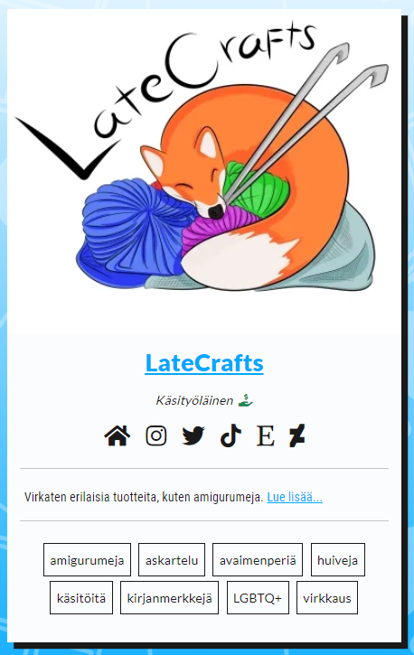 taidekuja's tweet photo. Esittelyssä: LateCrafts @LateCrafts
Käsityöläinen

Hei!

Olen Late, muunsukupuolinen käsityöläinen Vantaalta. Teen töitä virkaten, valmistan siis mm. amigurumeja, huiveja, sekä kirjanmerkkejä.
Teen mielelläni tilaustöitä!

https://t.co/41QCBcGQ9h https://t.co/tp5xcMJ1kJ