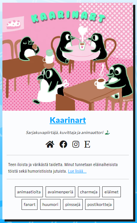 taidekuja's tweet photo. Esittelyssä: Kaarinart
Sarjakuvapiirtäjä, kuvittaja ja animaattori

Teen iloista ja värikästä taidetta. Teen mm. eläinaiheisia kuvia. Myyn charmeja, postikortteja, pinssejä, avainkaulanauhoja, sarjakuvia ja tarroja. Lisäksi teen mielellläni tilaustöitä.

https://t.co/L6iTzxnKBx https://t.co/fnTShimbvw