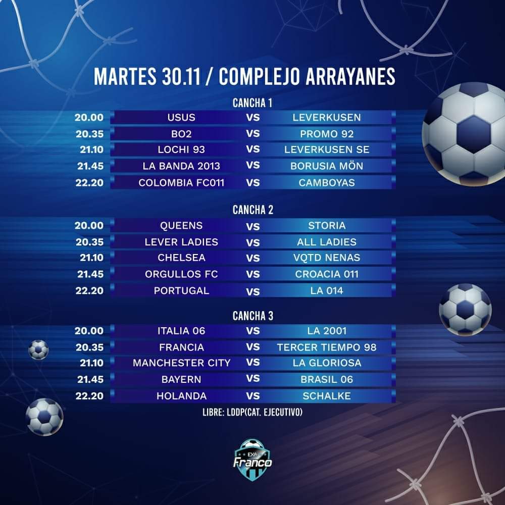 A continuación los partidos a disputarse en la siguiente fecha 30/nov ⚽⚽
 #ExaFranco #Mundialito