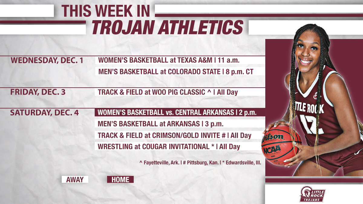We hit the month of December with <a href="/LittleRockWBB/">Little Rock WBB</a> hosting UCA Saturday after a trip to Texas.

<a href="/LittleRockMBB/">Little Rock Basketball</a> continues its road trip in Colorado and Fayetteville while <a href="/LittleRockTFXC/">Little Rock TF/XC</a> opens its indoor season and <a href="/LittleRockWRES/">Little Rock Wrestling</a> travels to Illinois.

#LittleRocksTeam