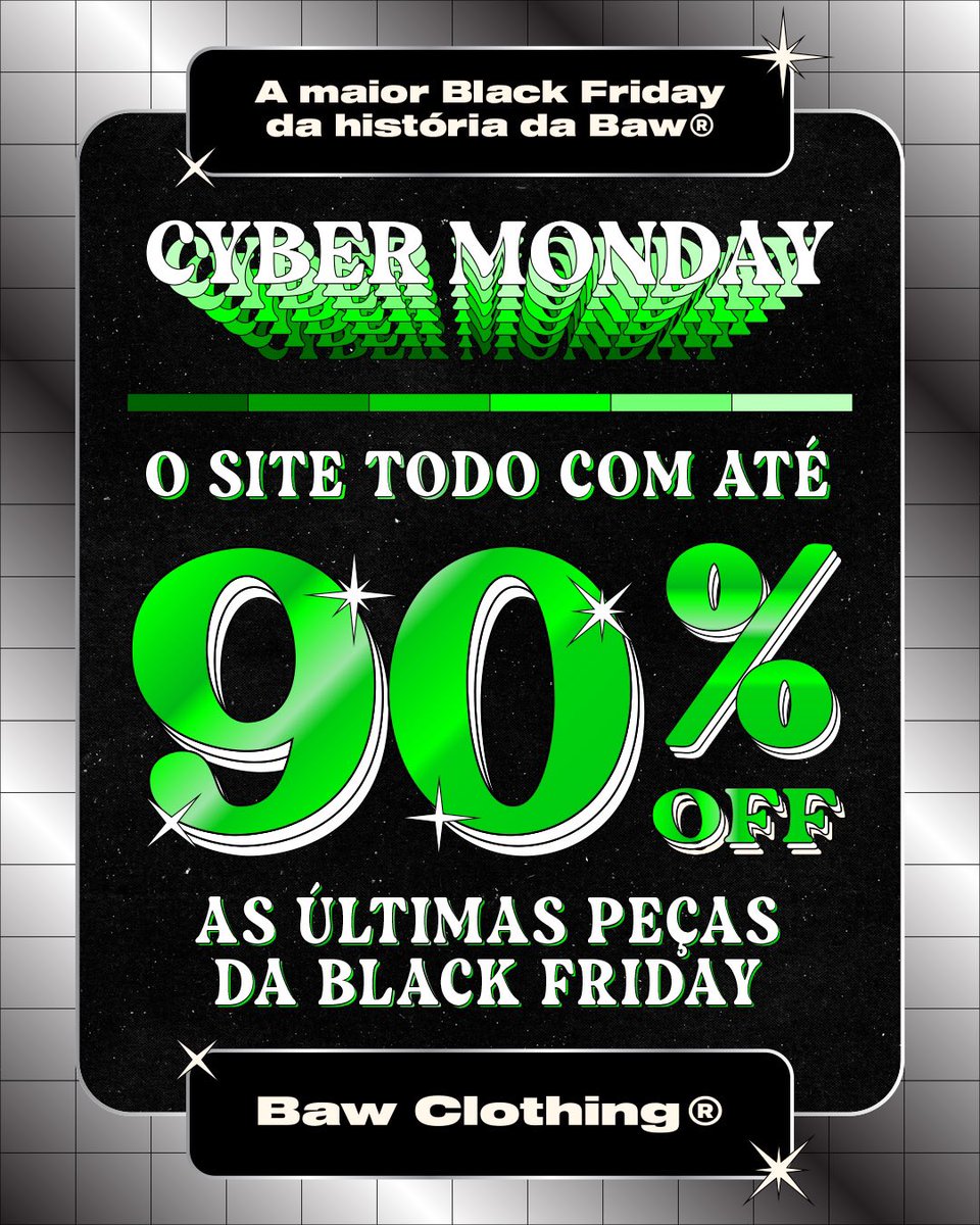 Não conseguiu aproveitar as promos da Black Friday? Corre pro site que ainda da tempo! ❤️‍🔥

#CyberMonday rolando com até 90%OFF. 

Última chance pra vocês garantirem peças incríveis no precinho da Black. ✨