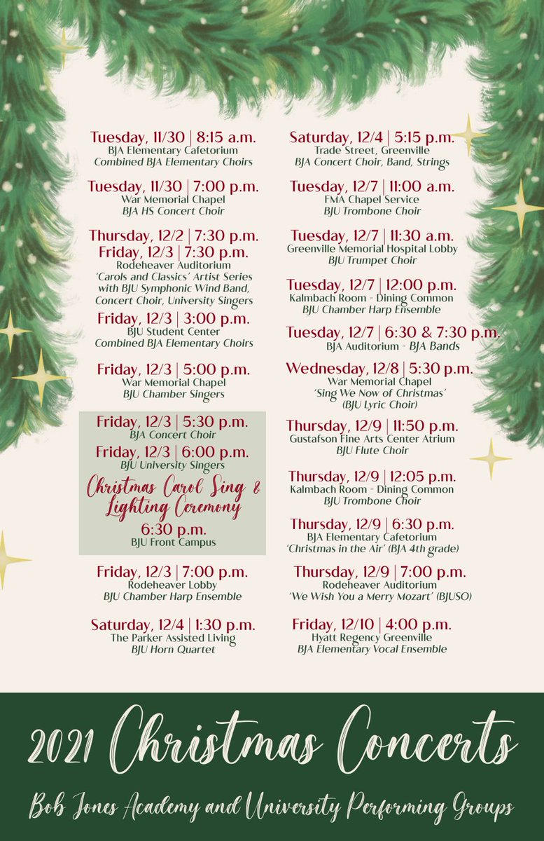 BJU_PR's tweet photo. Here's a handy guide to all the upcoming @BJUedu and @BJALions Christmas concerts. 

#MusicAtBJU #ChristmasConcerts #ChristmasMusic #ItsTheMostWonderfulTimeOfTheYear #bjuedu https://t.co/hBvDEcu6fr