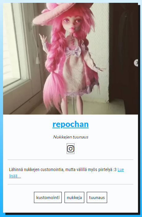 taidekuja's tweet photo. Esittelyssä: Repochan
Nukkejen tuunaus

Tuunaan lähinnä Monster High ja Ever After High nukkeja, mutta satunnaisesti myös muunlaisia. Teen vaatteet, hiukset ja uudet kasvot kaikki itse, ja suunnittelen myös konseptit itse!

https://t.co/neE7IwuzFz https://t.co/10rIpA45jJ