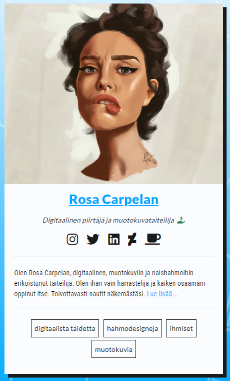 taidekuja's tweet photo. Esittelyssä: Rosa Carpelan @RosCa_art 
Digitaalinen piirtäjä ja muotokuvataiteilija

Kiinnostaako digitaalinen taide? Muotokuvat, hahmotaide ja fan art? Ehkä myös layoutit ja graafinen suunnittelu? Jos näin on, olet tullut oikeaan paikkaan.

https://t.co/CAg6YnS1xs https://t.co/hIDzULFA2r