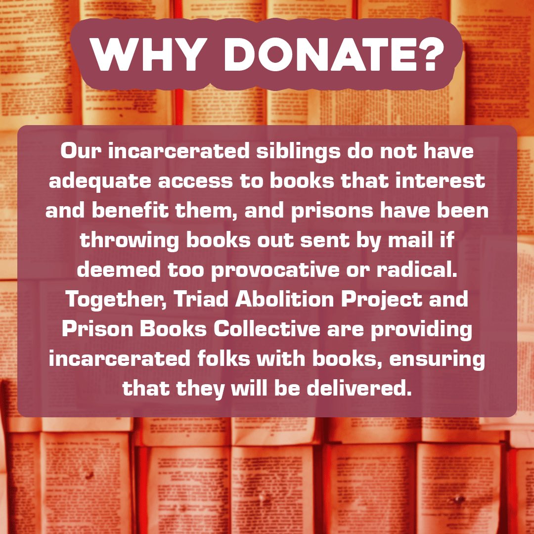 TriadAbolition's tweet photo. From now until January, we are holding a book drive for @NCPrisonBooks to help our incarcerated siblings across North Carolina get access to books during the holiday season. 

Book drop off locations are @ScupBooks in Greensboro and @CPAirstream and @BookmarksNC in Winston-Salem! https://t.co/Uc7RnpLzi0