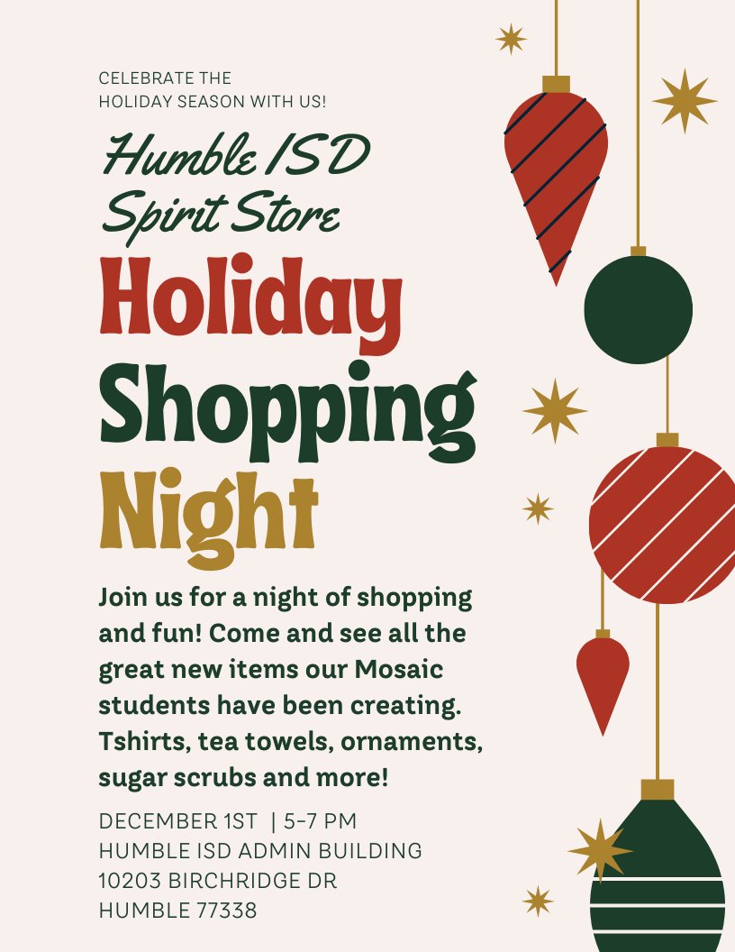 HumbleISD_Store's tweet photo. Save the date! Shopping Night this Wednesday 5pm-7pm π
https://t.co/wUrXpDC4LB