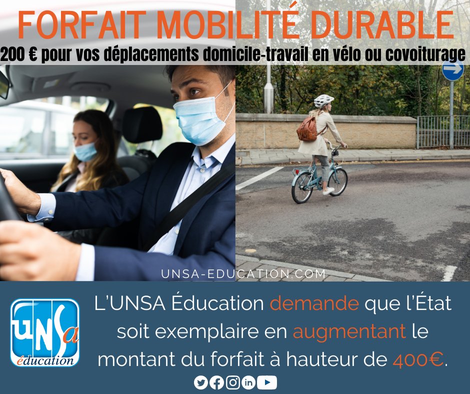 UNSA_Education's tweet photo. Vous êtes titulaire/stagiaire/contractuel∙le de l'Éducation Nationale?Vous faites domicile-travail en covoiturage ou vélo? ▶️Vous pouvez bénéficier du «forfait mobilités durables» de 200€ :demandez-le avant le 31 décembre!
Toutes les informations ici ➡️https://t.co/IwlOpVUrci https://t.co/sYHI2MrAJT