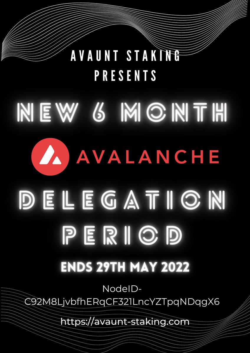 Calling all #Avalanche $Avax stakers. Avaunt Staking has just kicked off a new 6 month Delegation period. Stake your $Avax now with the lowest 2% fee. NodeID-C92M8LjvbfhERqCF321LncYZTpqNDqgX6