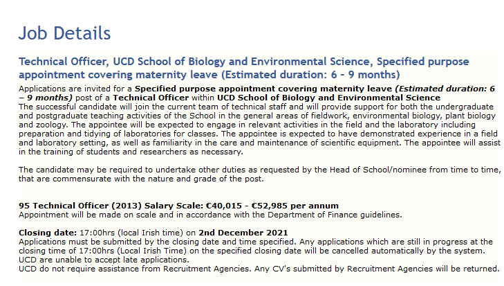 UCDSBES's tweet photo. Applications are invited for a Specified purpose appointment covering maternity leave (Estimated duration: 6 – 9 months) post of a Technical Officer within UCD School of Biology and Environmental Science. Search for vacancy 013911 https://t.co/3WcBp6a4mJ https://t.co/3qxQ9yxOoE