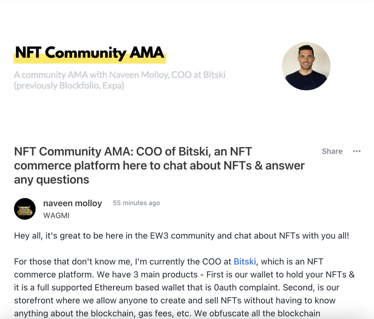 everythingweb3's tweet image. gm 👋
We're live with our community AMA on NFTs with @Naveenmolloy from @bitski
Join us in the community, where Naveen will be sharing more & answering questions throughout the day!
everythingweb3.com/c/nft/nft-comm…