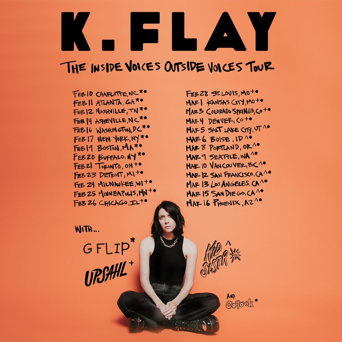 so fucking pumped that <a href="/gflipmusic/">G FLIP</a> <a href="/upsahlmusic/">♡</a>  <a href="/Kidsistr/">Kid Sistr</a> and <a href="/hicorook/">Corook</a> will be joining me on tour next year 😛

colorado springs already sold out, low tix in nashville, portland, and vancouver. i’m working on a great show for you. i can’t wait

kflay.com/tour