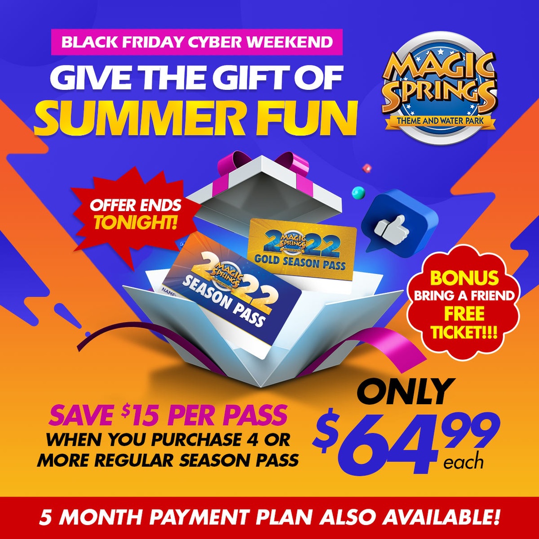 Don't miss out on the deal of the season! 🎅🎄❄️🎢 Our Black Friday Cyber Weekend sale ends tonight at midnight. Get your season pass in 5 easy payments and give the gift of summer fun to the whole family this holiday season. 🛒 bit.ly/MAGBLKFRI2