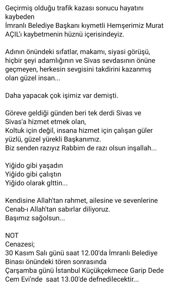 isderfd's tweet photo. Acı Kaybımız 😔😔😔
Yiğido yürekli bir  İnsanı kaybetmenin hüznü içerisindeyiz...
#imranlıBelediyesi  @MMuratacil 
#basimizsaolsun https://t.co/OZfhAL3zIe