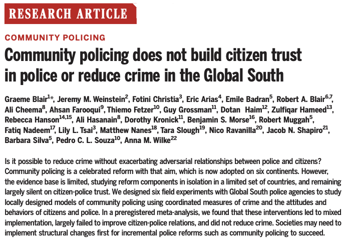 EGAPTweets's tweet photo. “Community policing” was designed in the US to build trust in police &amp; reduce crime.

Does it work in the Global South, where it's now being widely adopted?

In @ScienceMagazine, we report answers from 6 coordinated experiments: “no.”

#PolicingEvidence🌍

https://t.co/oFHMy38mnd https://t.co/4io7oqwIBl