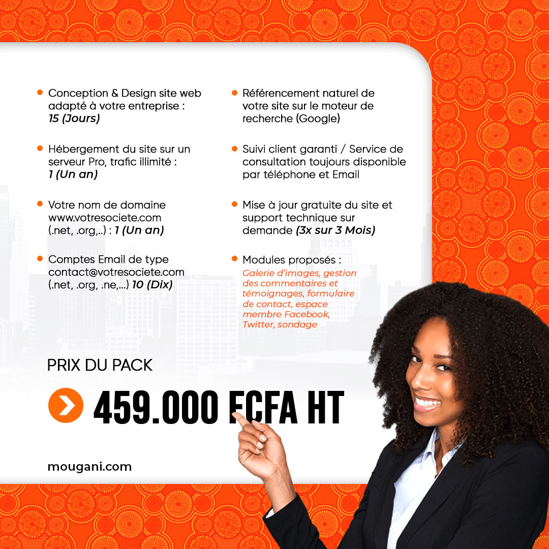 Nous vous accompagnons dans la construction de votre site Web dynamique et moderne sur mesure. Le Pack Présence est une des solutions web pour les très petites Entreprises/ Associations ou Sites Vitrines. RDV sur mougani.com pour plus de détails!
#PackPrésence_Mougani