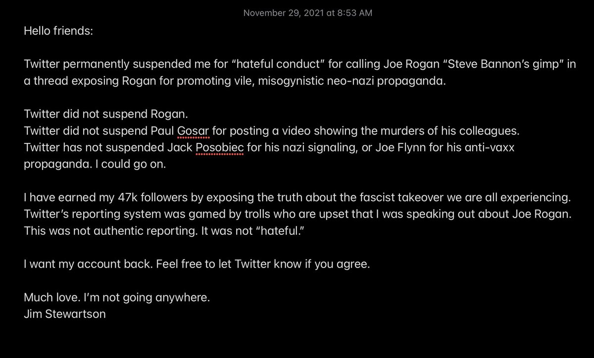 radicalizedpod's tweet photo. THIS JUST IN: Jim Stewartson released this statement about his permanent suspension. Please share and please make some noise. https://t.co/6D92Peyooc